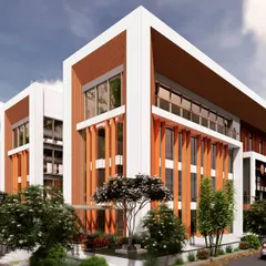 This corner view of the BGS school proposal emphasizes the building's clean lines and strong geometric form. The interplay between solid white frames and warm-toned vertical elements gives the large structure a sense of balance and visual interest.