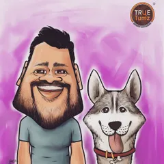 A fun digital caricature of a man and his husky. This was created for a brand, showing how custom art can be used for logos and marketing.