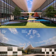 A collage showing both the exterior form and the interior courtyard of the textile mill. This highlights the core concept of an inward-looking design that prioritizes the well-being of the people working inside.