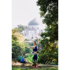 In an outdoor setting near a historic Delhi monument, a classical dancer performs as a peacock looks on. This type of environmental portraiture combines the elegance of the dance form with the beauty of the surroundings.