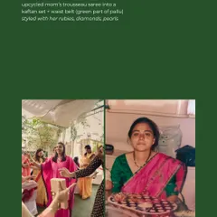 From a treasured trousseau saree to a modern kaftan set. We upcycled our co-founder's mom's saree, using the green pallu for a chic waist belt, proving that style can be both relevant and sentimental.