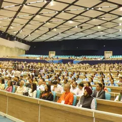 A view of the large audience at the Yoga Mahotsav. Leading and being part of such events helps spread the message of yoga to thousands of people.