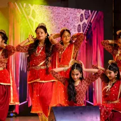 A beautifully coordinated group formation during the 'Draupadi' production. Our students learn to work as a team, creating stunning visual tableaus that captivate the audience and tell a story through synchronized movement.