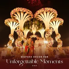 We create unforgettable moments with bespoke decor designed for the camera. This stunning mandap, complete with fireworks, provides the perfect backdrop for the couple's portraits, turning their wedding ceremony into a true spectacle.