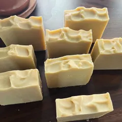 Freshly cut bars of my Multani Mitti Avocado Butter soap. The wavy top is a signature of my handmade cold-process soaps. This soap is excellent for all skin types.