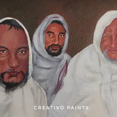 A slightly different angle of the three-person family portrait, highlighting the details and composition of the final acrylic painting.