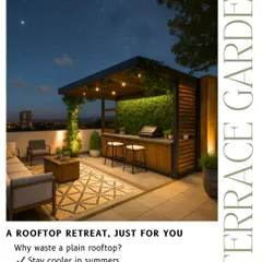 We design spaces that come alive at night. This rooftop retreat features a custom-built bar and seating area under a pergola with integrated string lights, creating the perfect ambiance for evening entertaining and relaxation.