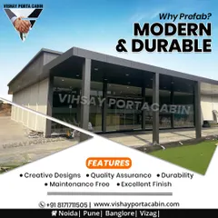 This graphic highlights the key benefits of my prefab buildings. They feature creative designs, are built with quality assurance for durability, and require minimal maintenance, offering an excellent finish every time.