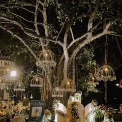 A magical outdoor wedding setup at night, with chandeliers hanging from a large tree. This photo showcases the unique and beautiful decor that makes a wedding special.