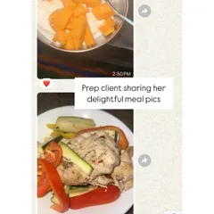 Who said prep meals have to be boring? A client sharing her delicious-looking meals, including chicken with colorful veggies and yogurt with mango. Enjoying your food is a key part of a successful fitness journey.