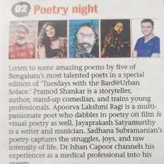 A "Poetry night" feature in the Bangalore Mirror, highlighting five of Bengaluru's talented poets who performed at a special edition of 'Tuesdays with the Bard'.