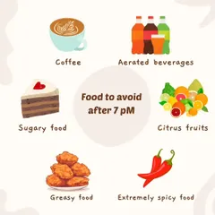 Finishing your dinner by 7 PM can be a game-changer for your metabolism, sleep quality, and weight management. This graphic shows which foods to avoid in the evening to prevent indigestion and bloating.