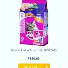 I also have a complete range of supplies for cat owners. This Whiskas dry food with tuna is a favorite for adult cats, providing a balanced diet to keep them healthy and active. Just add it to your cart for easy home delivery.
