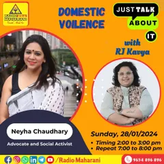 The promotional poster for my talk on domestic violence with RJ Kavya on Radio Maharani. The show's theme, "Just Talk About It," encourages breaking the silence around this critical issue.