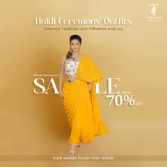 Get ready for the Haldi celebrations with this vibrant yellow draped saree. It comes with a stylishly embroidered one-shoulder blouse that is both modern and traditional. This outfit is designed to be lightweight and comfortable, so you can enjoy the festivities to the fullest.