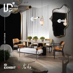 Our Koko furniture collection is about the blend of aesthetic beauty and practical design. This vignette from our India Design ID exhibit features our sculptural dining table, elegant chairs, and a unique bench, all designed to enhance a space with form and function.