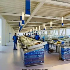 Our proposal for a new, modern meat and fish market on the upper floors of the reimagined Russell Market. The design features clean, hygienic surfaces and large windows to create a bright and pleasant environment.