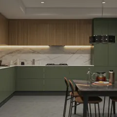 Here is the same kitchen layout rendered in an elegant olive green. Visualizing different color options like this helps you make a confident choice for your home.
