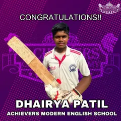 Congratulations to Dhairya Patil of Achievers Modern English School on his selection for the Mumbai Under-14 team for the West Zone League.