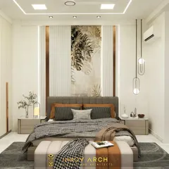 A render of a master bedroom in Noida Sector 19, designed with a minimal and elegant theme. This frontal view highlights the custom headboard wall, which features a beautiful art panel flanked by fluted and metallic details.
