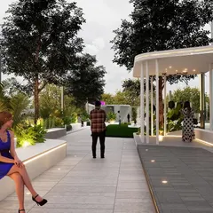 This public landscape features tiered seating integrated with planters, creating a peaceful and inviting atmosphere for relaxation and social interaction. The design uses clean lines and a minimalist palette to blend modern architecture with nature.