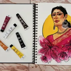 Here's a look at the self-portrait in my sketchbook, alongside the gouache paints I used. This style is available for custom commissions.