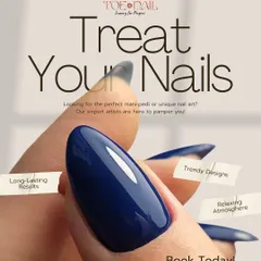 A promotional graphic highlighting our key offerings: long-lasting results, trendy designs, and a relaxing atmosphere, all centered around a flawless navy blue manicure.