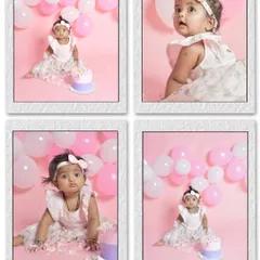 A collage of four images from a cake smash session, showing the baby's range of expressions from curiosity to delight as she explores her first birthday cake.