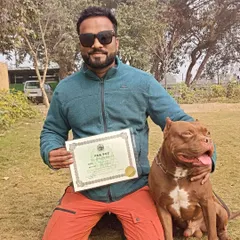 This was a proud moment. Here I am with my boy Thor, an American Pitbull, after he became the first in India to clear the PSA PDC (Protection Dog Certificate) on a full bite suit. This certificate is proof of our dedication and high standards.