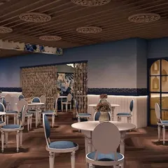 A restaurant design concept with a charming blue and white theme. The space uses classic furniture, patterned ceiling details, and elegant archways to create a welcoming and stylish dining experience.