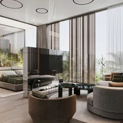 Functionality meets high design with this custom rotating television unit. Clad in reflective, high-gloss panels, it serves as a dynamic partition between the sleeping and seating areas of the bedroom, offering entertainment without compromising on aesthetic flow.