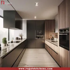 A bold and dramatic parallel kitchen featuring dark wood-grain and matte black cabinets. The marble countertops add a touch of luxury, while the galley layout ensures an efficient path between the cooking and prep zones.
