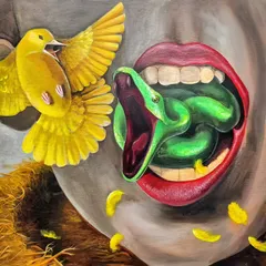 Titled 'Ambivalent', this painting is a self portrait of my own internal duality. I am both the nurturer who builds a nest of comfort and the inner danger, the snake, that threatens to destroy it. It is a reflection on the protector and the destroyer within us all.