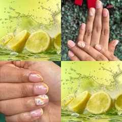 When life gives you lemons, get lemon nail art! This fun and fresh design features tiny, hand-painted lemon slices and a zesty yellow French tip.