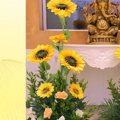 For Ganesh Chaturthi, we believe in creating a serene sanctuary. Here, a beautiful Ganpati idol is complemented by an elegant arrangement of bright sunflowers, symbolizing joy and divine energy, creating a peaceful and auspicious setting for prayers.