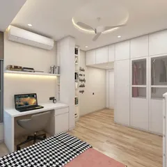 Another view from the same 3D design, this time focusing on the study area. I designed a compact desk with overhead shelving and integrated lighting, built to fit perfectly next to the window.