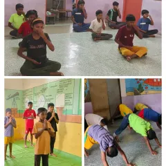 Young boys practice pranayama (breathing exercises) and asanas indoors. We believe that mindfulness practices are essential for building mental resilience in young athletes.