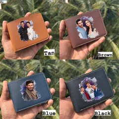 My Saffiona texture wallets are available in four colors: Tan, Brown, Blue, and Black. You can get them printed with a colorful artistic photo and a name.