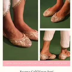 Say goodbye to shoe bites and tired feet. My Swarna Gold Vegan Juttis are designed for ultimate comfort, featuring a cushioned insole, 100% vegan leather that’s super soft, and an anti-skid sole so you can dance worry-free all night.