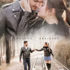 This pre-wedding collage captures a modern love story with an edgy, chic vibe. The couple, in matching leather jackets, walks along a railway track surrounded by a dense forest.