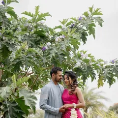A quiet moment between a couple during their pre-wedding shoot at Sula Vineyards. The lush green tree frames them perfectly, creating a natural and romantic outdoor portrait.