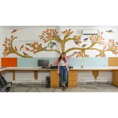 A full view of the Gond art inspired mural I painted for Indus Action's office. The tree of life, filled with colourful birds, was designed to bring a sense of community and vibrancy to their workspace.