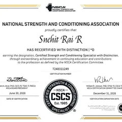 I have recertified as a Certified Strength and Conditioning Specialist (CSCS) with Distinction from the NSCA, a mark of extraordinary achievement in continuing education.