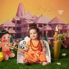 Jai Shri Ram! Celebrating the homecoming to Ayodhya, this little one is dressed as Lord Rama, complete with a bow and arrow, with his devoted Hanuman by his side.