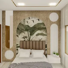 A bedroom concept featuring a beautiful arched mural of nature behind the bed, complemented by textured wall panels. This design brings a sense of artistry and tranquility to the room.