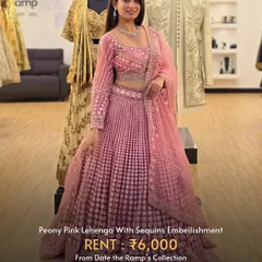 A peony pink lehenga with all-over sequin embellishment, offering a glamorous and feminine look.