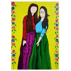 A custom illustration for a client, capturing a friendship in my faceless portrait style. The bright background and floral border were chosen to match their personalities.