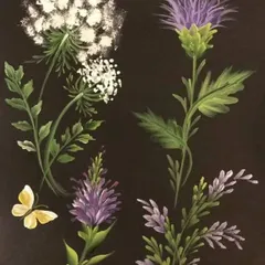 A collection of wildflowers painted using the one-stroke technique. Our classes teach you how to load your brush with multiple colors to create highlights and shadows in a single movement.