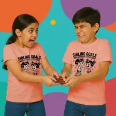 "Sibling Goals: Mostly Fights, Little Love." This playful t-shirt design perfectly captures the fun reality of sibling relationships, shown here with a tug of war over chocolate.