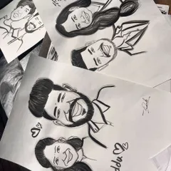 A collection of couple caricatures, showing different styles and poses.